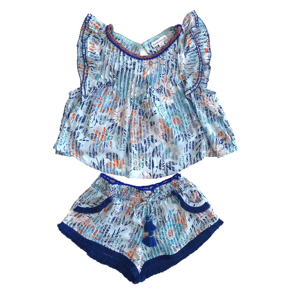 Poupette St Barth Amber Pleated Top in Sky Blue Marigold with matching boxing shorts from the Poupette St Barth Childrenswear line