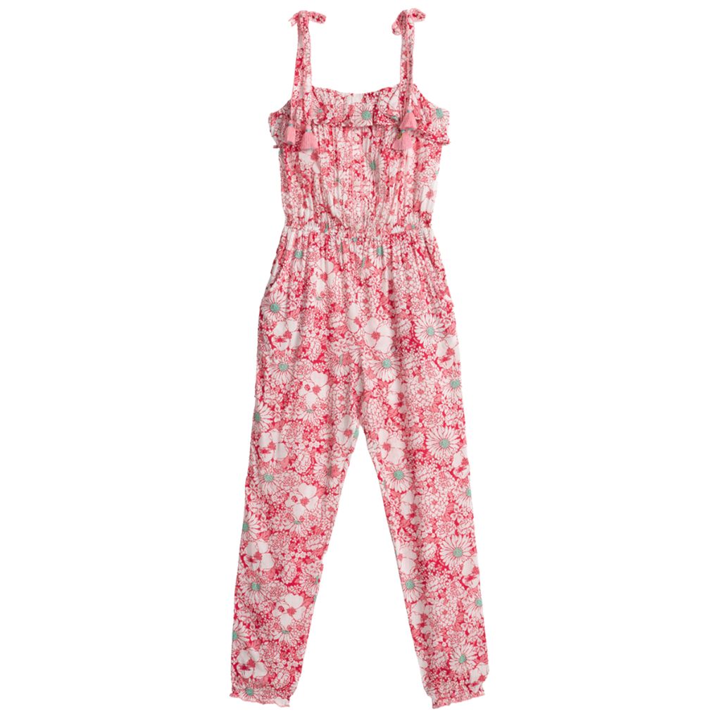 Product shot of the front of the Poupette St Barth Kids Astra Long Jumpsuit in Pink Mid 70's print
