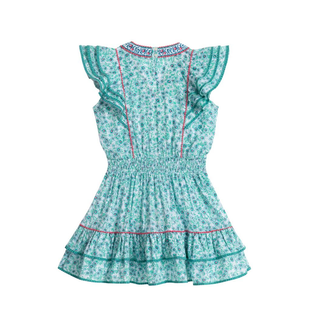 Product shot of the back of the Poupette St Barth Kids Camila Cotton Mini Dress in Aqua Anemone