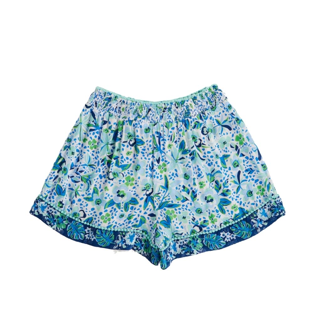 Back of Poupette St Barth Kids Cindy Culotte Shorts in Blue Floral Monaco Print