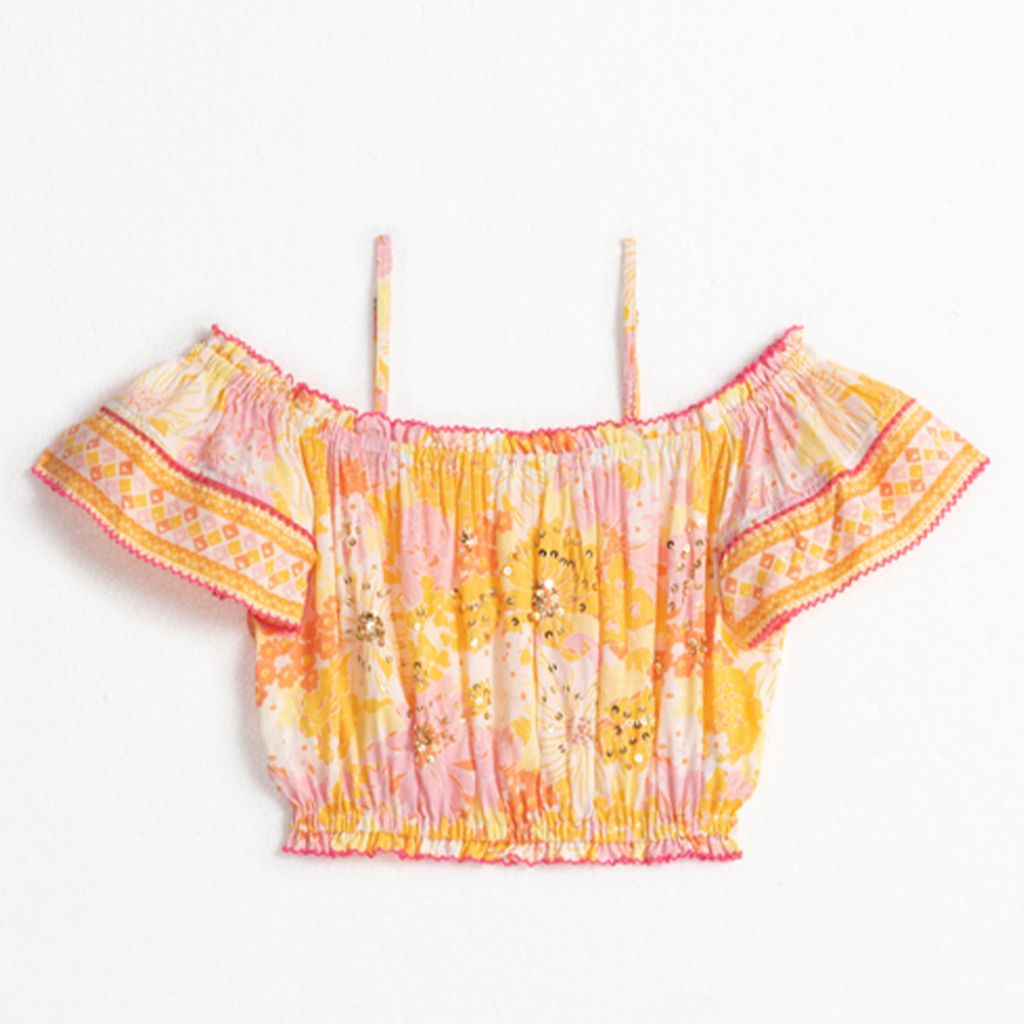 Product shot of the front of the Poupette St Barth Donna off the shoulder top in Yellow Flower Mix