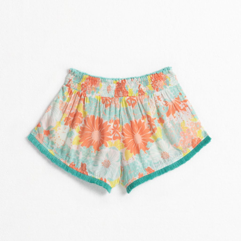 Product shot of the back of the Poupette St Barth Kids Lulu Boxer Shorts in Orange Flower Mix print