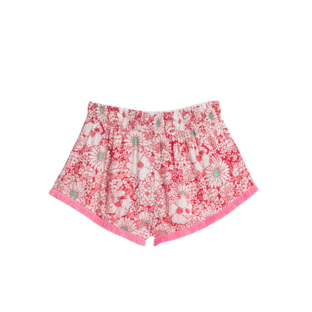 Product shot of the back of the Poupette St Barth Kids Lulu Boxer Shorts in Pink Mid 70's Garden print
