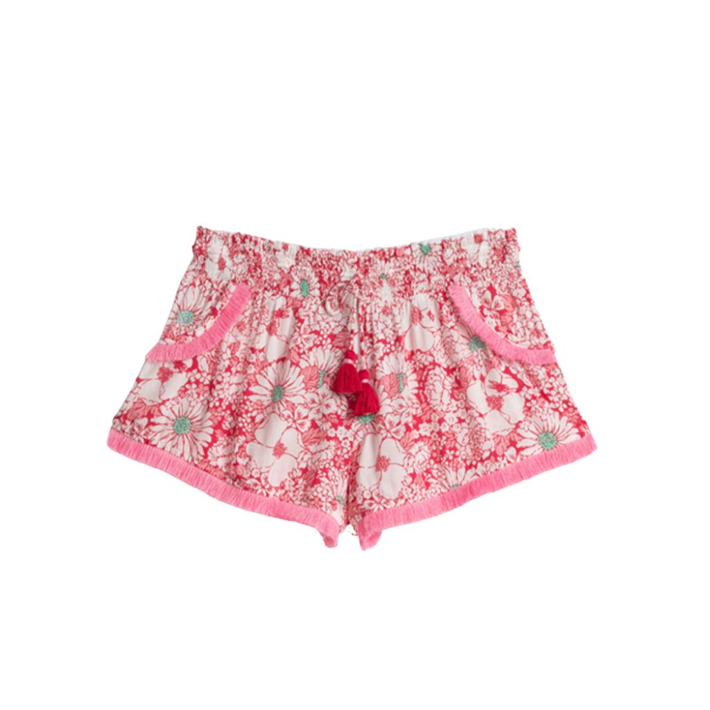 Product shot of the front of the Poupette St Barth Kids Lulu Boxer Shorts in Pink Mid 70's Garden print