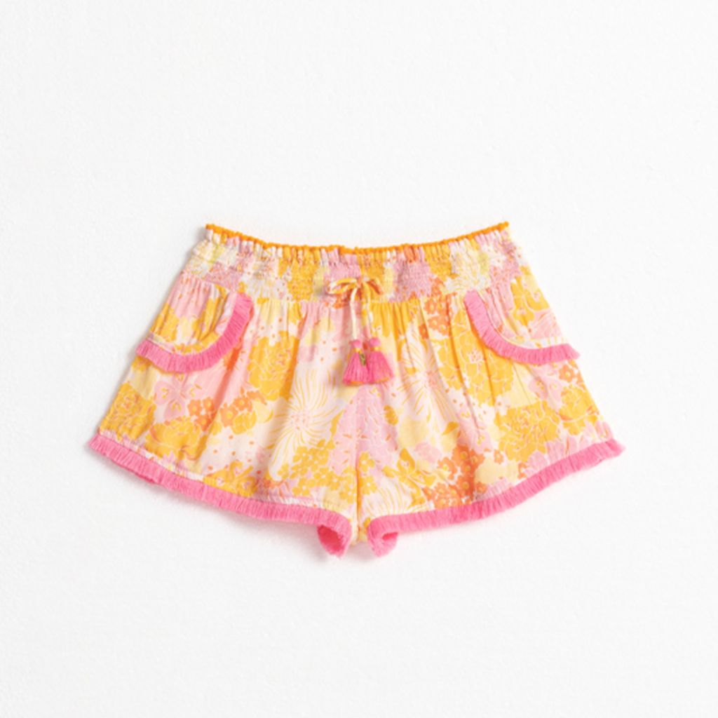 Product shot of the front of the Poupette St Barth Kids Lulu Boxer Shorts in Yellow Flower Mix print
