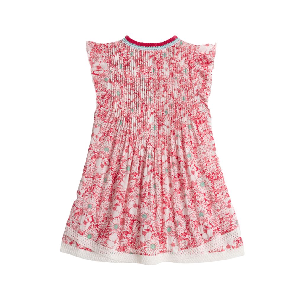 Product shot of the back of the Poupette St Barth Kids Sasha Mini Dress in Pink Mid 70's Garden print