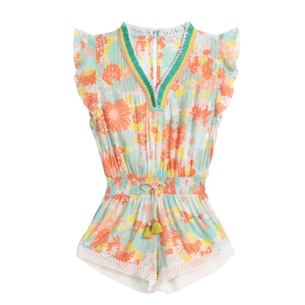 Product shot of the front of the Poupette St Barth Kids Sasha Short Jumpsuit Playsuit in Orange Flower Mix print