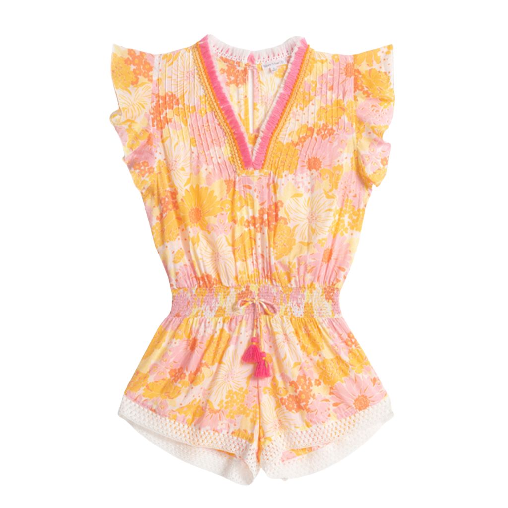 Product shot of the front of the Poupette St Barth Kids Sasha Short Jumpsuit Playsuit in Yellow Flower Mix print