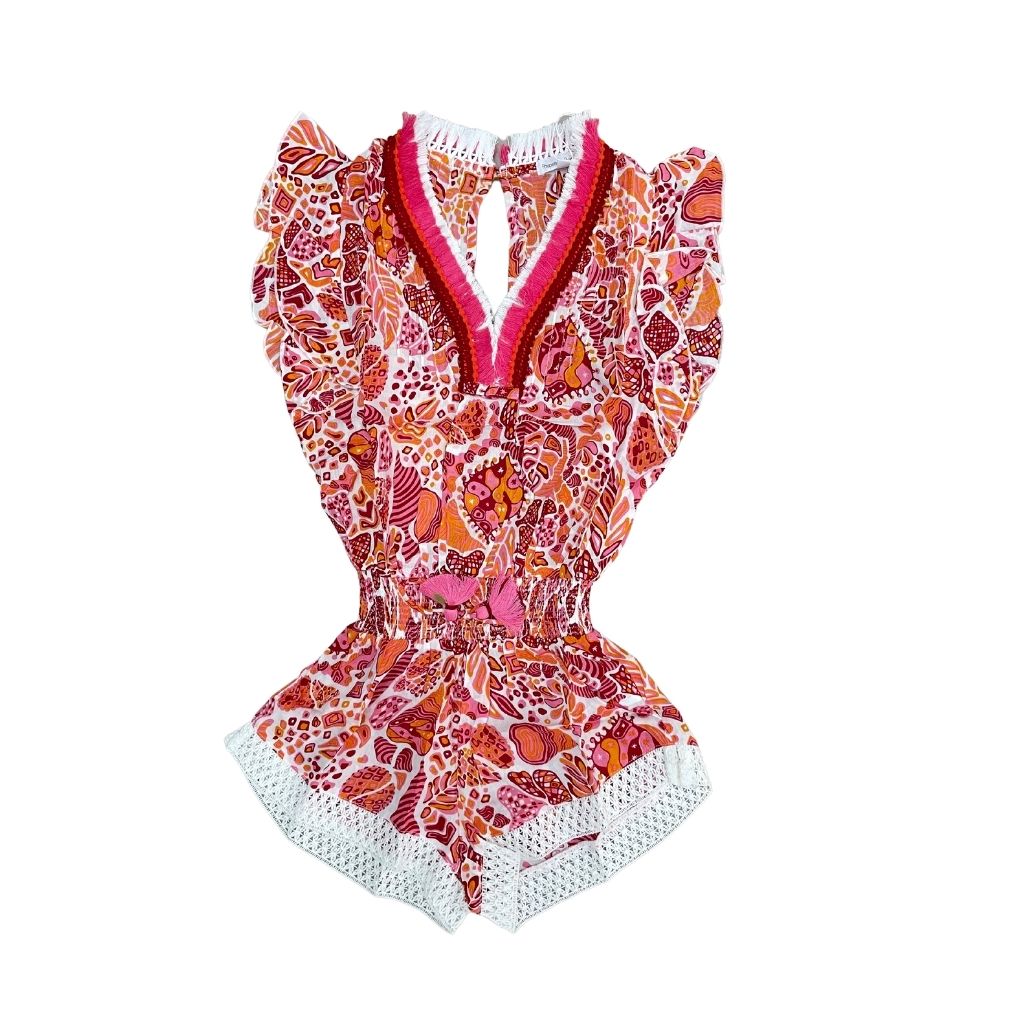 Front of Poupette St Barth Kids Sasha Short Playsuit in Pink Chagal Print