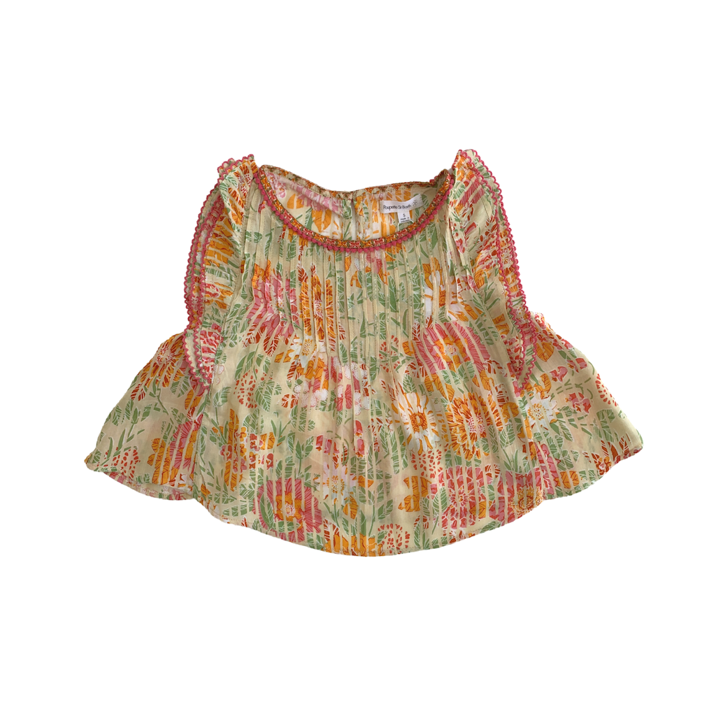 Front of Poupette St Barth Children's Amber pleated top blouse in Yellow Marigold in 