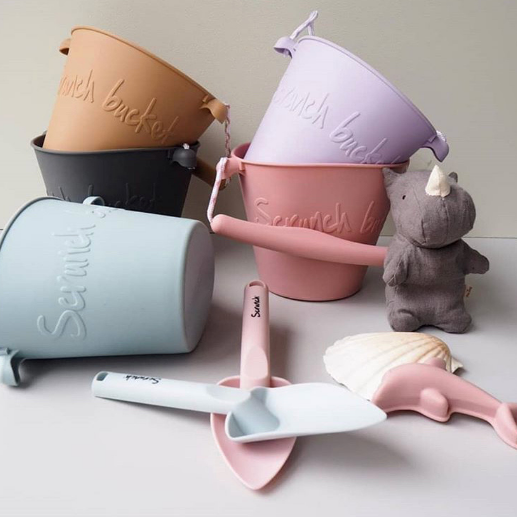 Scrunch collection of silicone buckets and spades in sage green, anthracite grey, old rose and pale lavender