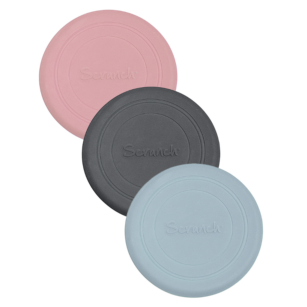 Collection of Scrunch silicone foldable frisbee flyers in old rose, anthracite grey and duck egg blue