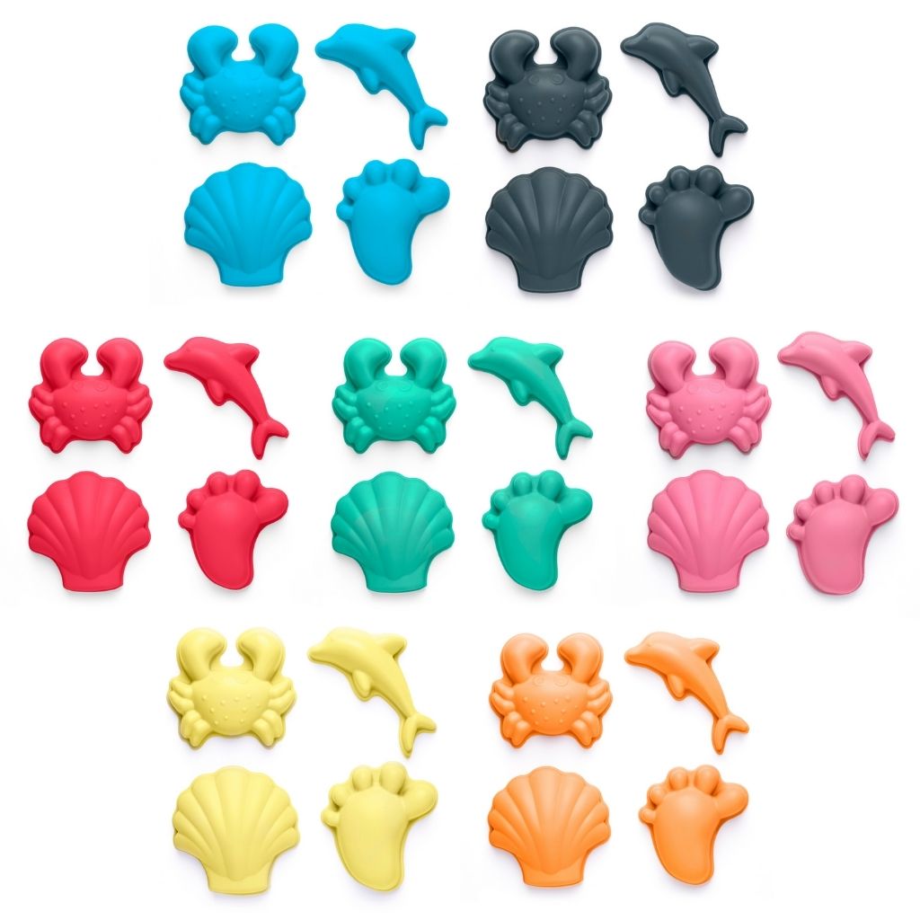 Collection of Scrunch silicone sand moulds in footprint design in funky brights