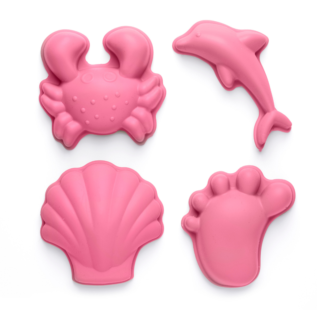Scrunch silicone footprint sand moulds in flamingo pink