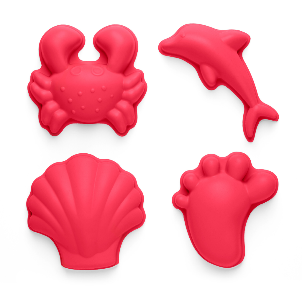 Scrunch silicone footprint sand moulds in strawberry red