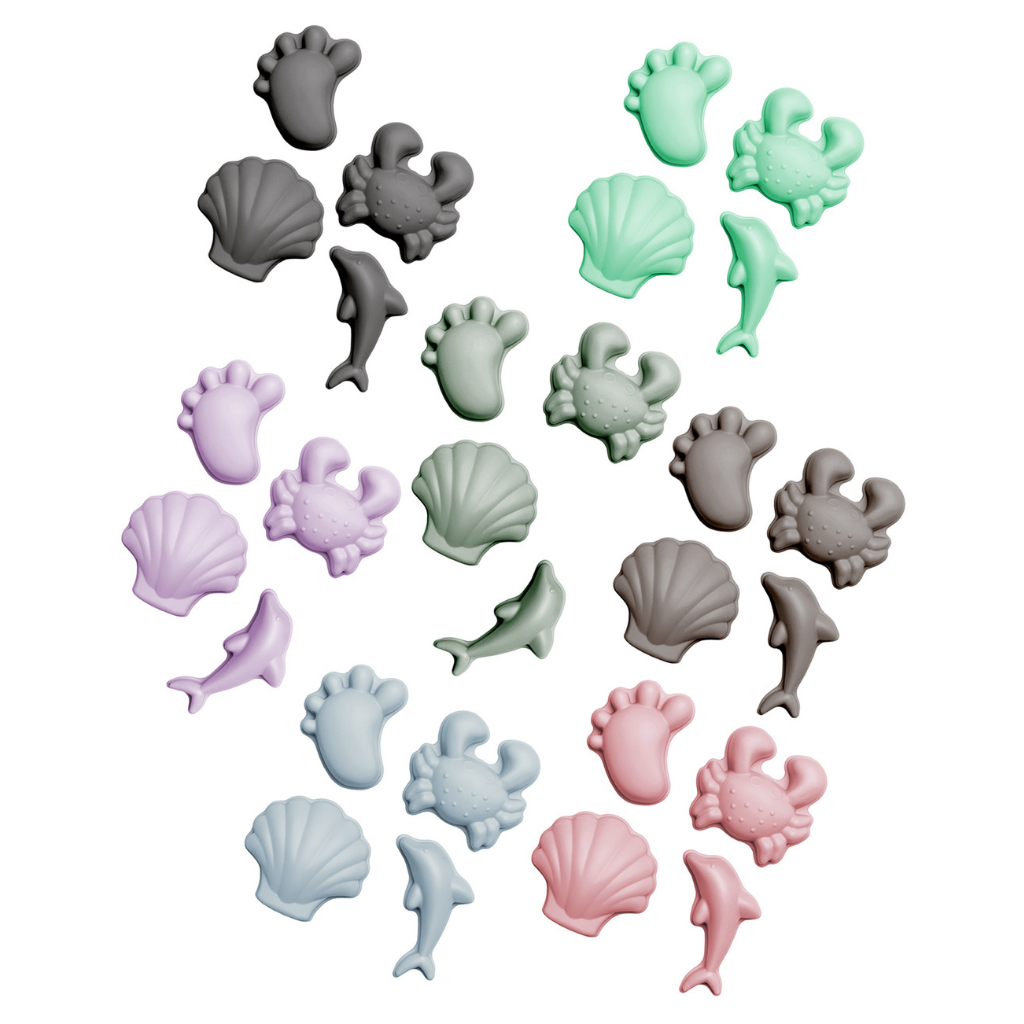 Collection of Scrunch silicone sand moulds in the footprint set available in seven colours including anthracite grey, duck egg blue, mushroom, old rose, pale lavender, sage green and spearmint