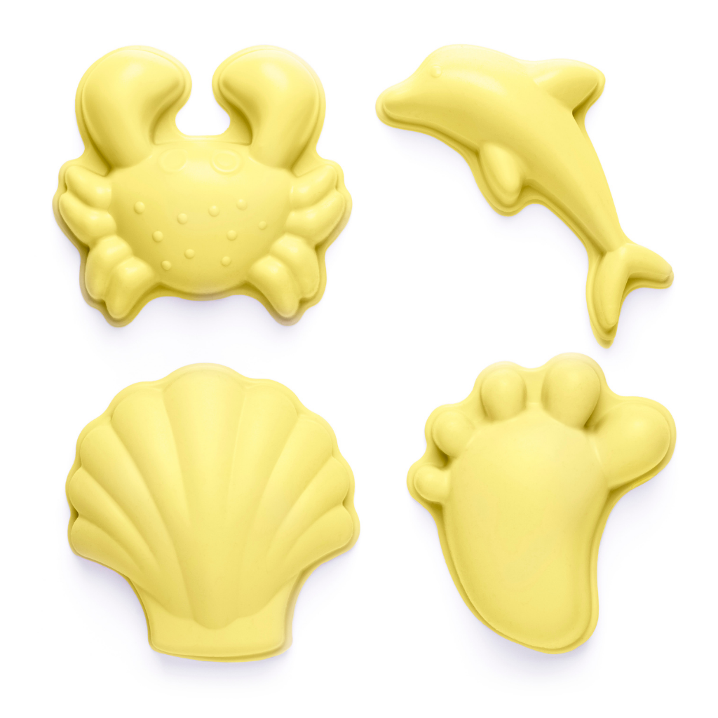 Scrunch silicone footprint sand moulds in lemon yellow