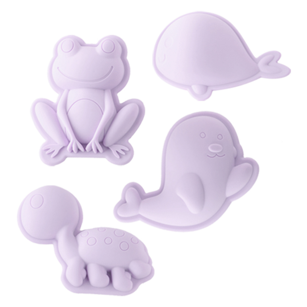 Scrunch silicone sand moulds in the frog set featuring frog, whale, seal and turtle in pale lavender