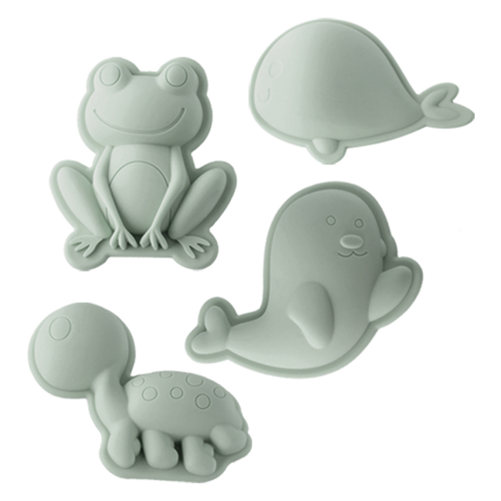 Scrunch silicone sand moulds in the frog set featuring frog, whale, seal and turtle in sage green