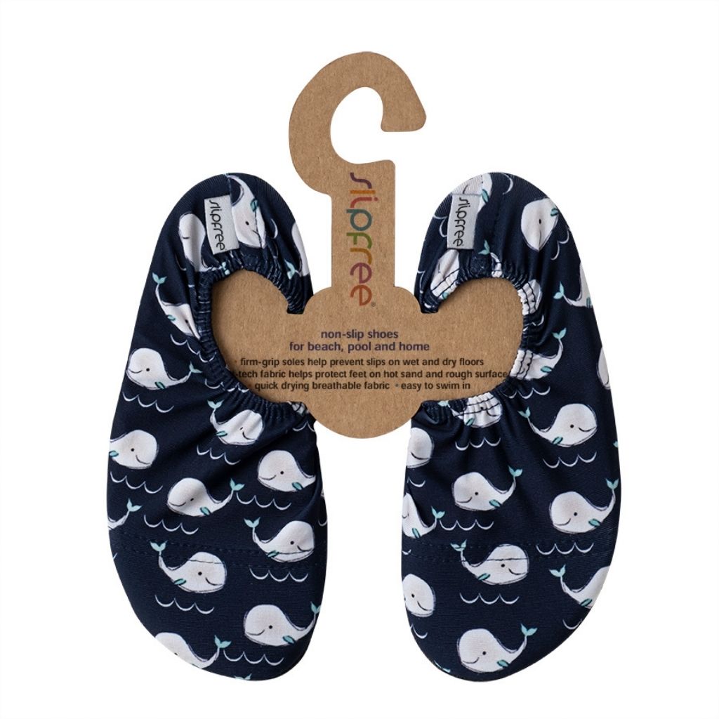 Front view of the Willy non-slip children's shoe from Slipfree in a navy and white whale print