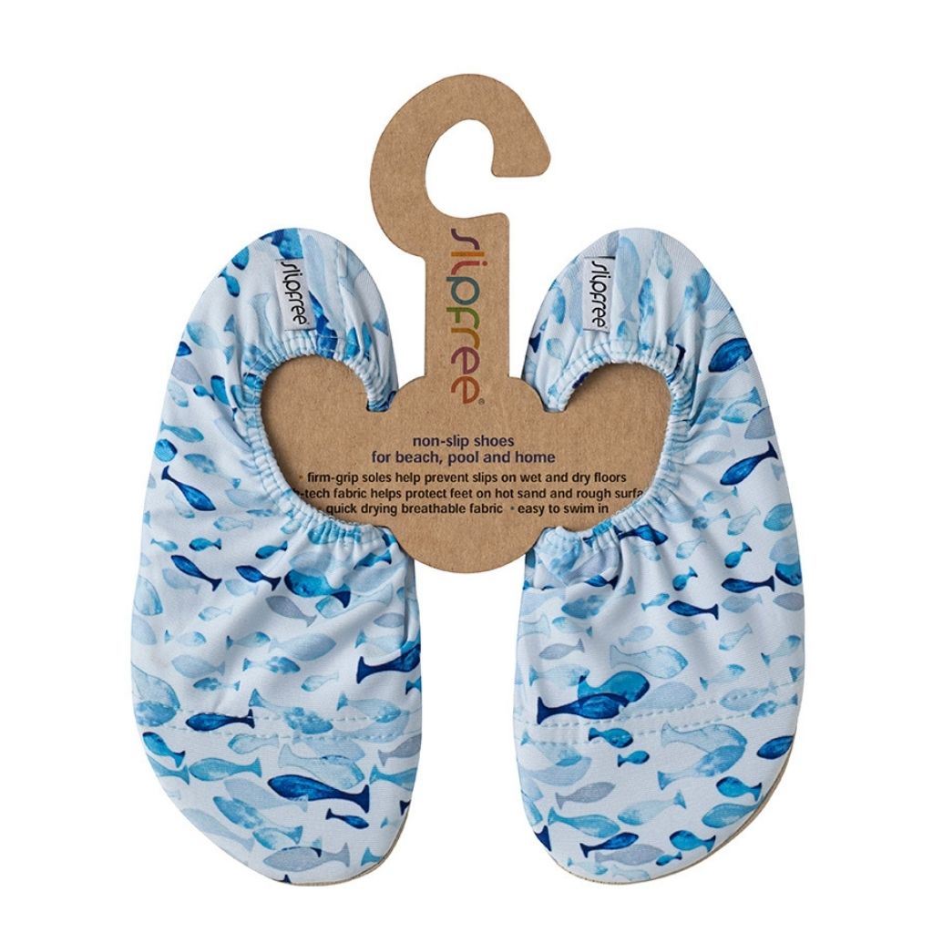 Front view of the Barry non-slip children's shoe from Slipfree in a fish print in shades of blue