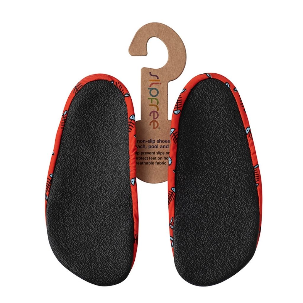 Sole view of Jerry fish bone pattern Slipfree non-slip children's water shoes in red and black