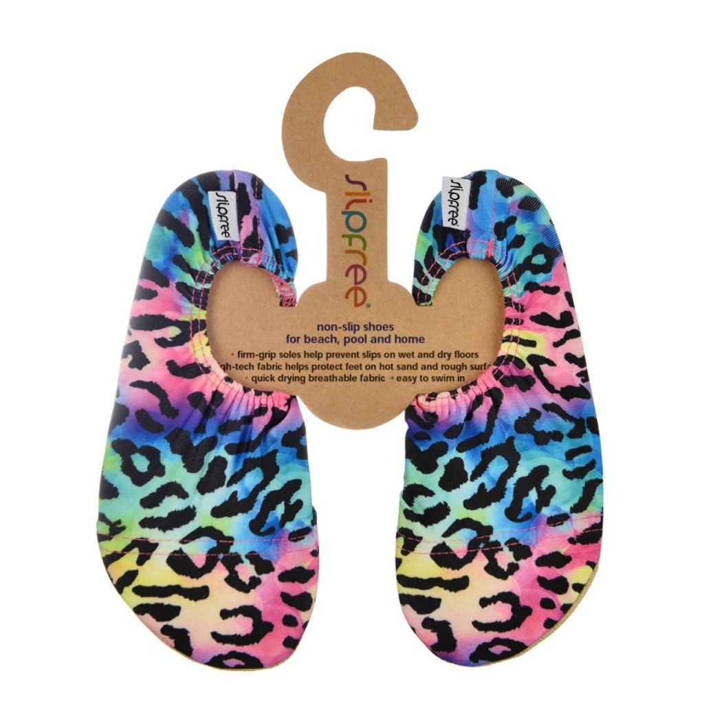 Front view of the Isabella non-slip shoe from Slipfree in a rainbow animal print