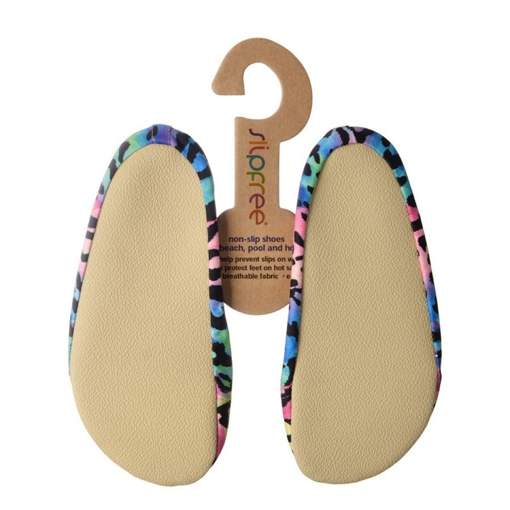 Sole view of the Isabella non-slip shoe from Slipfree in a rainbow animal print