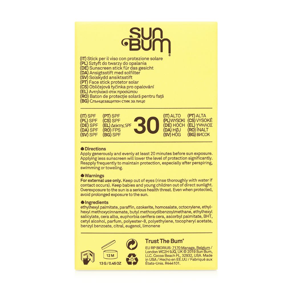 Back packaging shot of the Sun bum Original SPF 30 Face Stick