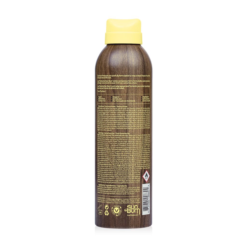 Product view of the back of the bottle of Sun Bum original SPF 30 water resistant moisturising sun protection spray