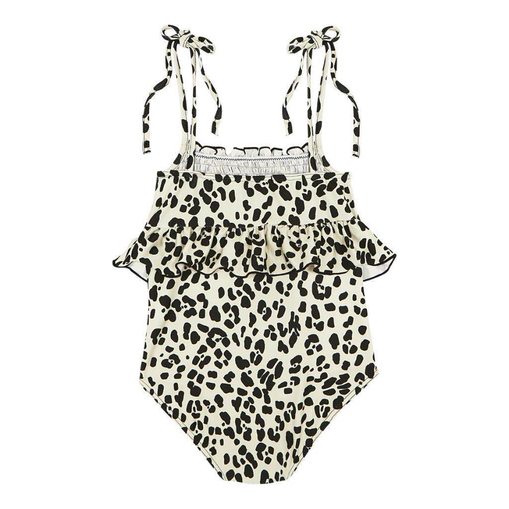 Product shot of the back of the Suncracy Ivory Animal Print Amalfi Smocked Swimsuit for baby girls, toddler girls and girls