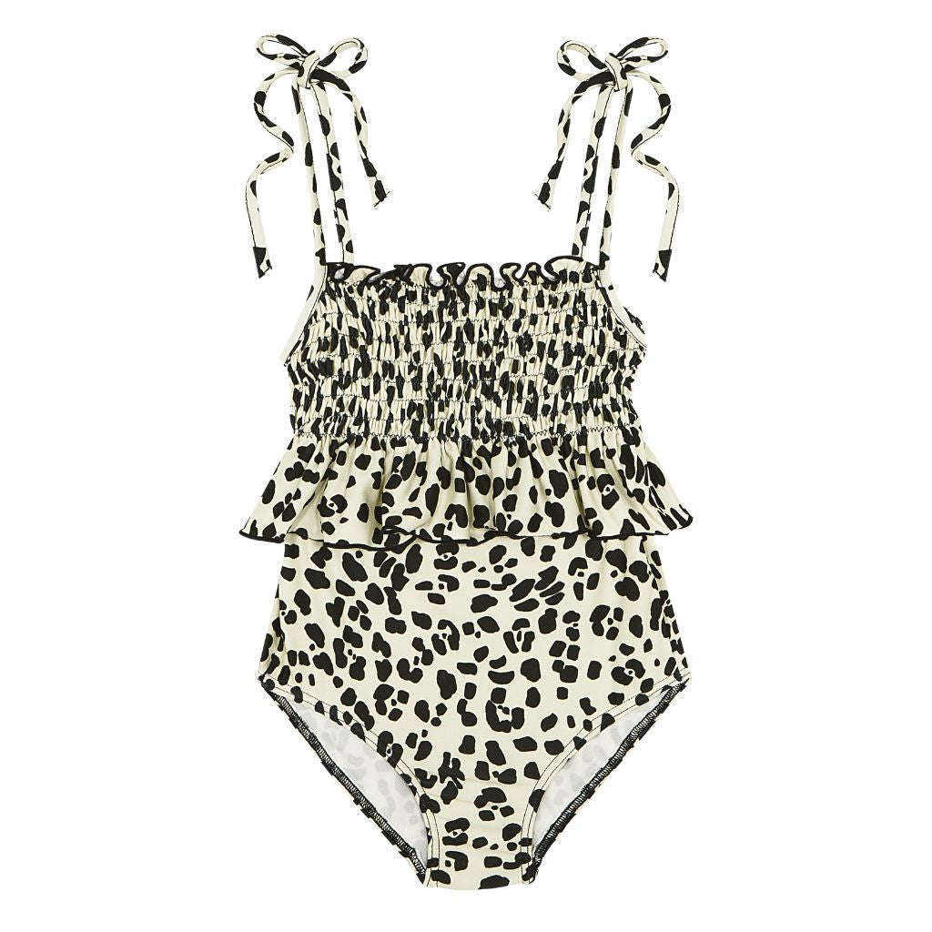 Product shot of the front of the Suncracy Ivory Animal Print Amalfi Smocked Swimsuit for baby girls, toddler girls and girls 
