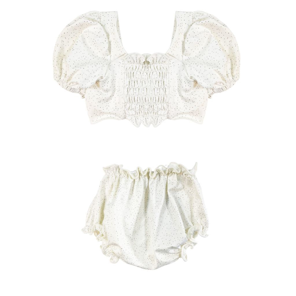 Product shot of the front of Suncracy Ivory Glitter Capri Baby Set Bikini for baby girls and toddler girls