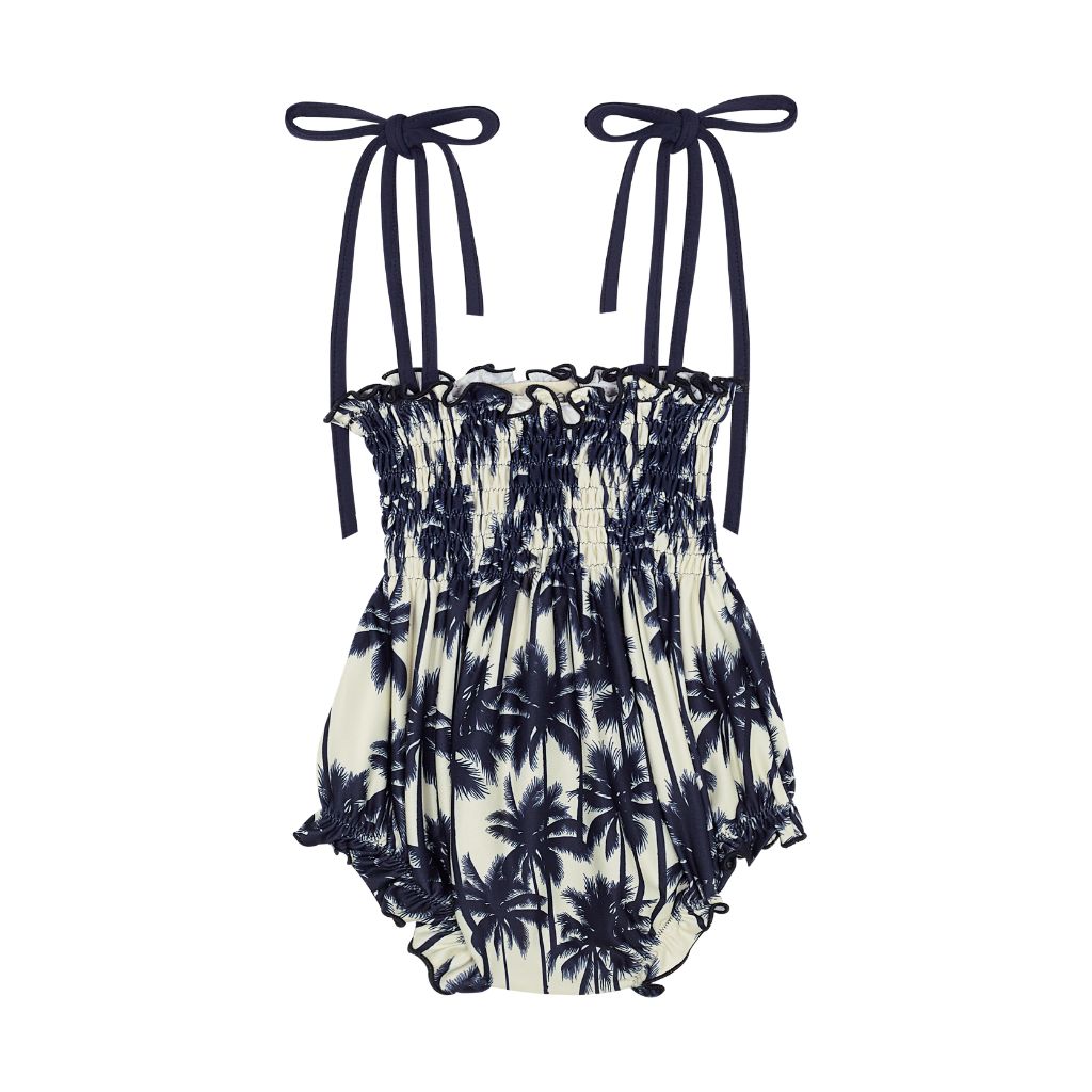 Back of the Suncracy Palms Menorca Bubble Baby Girls Swimsuit featuring palm tree print