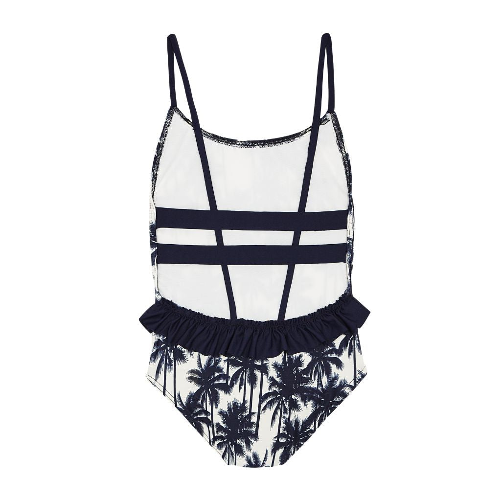 Product shot of the back of the Suncracy Palms Menorca Geometric Girls Swimsuit