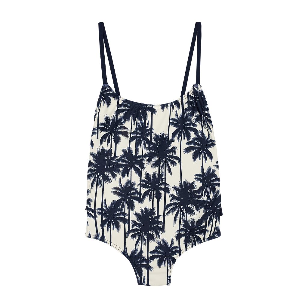 Product shot of the front of the Suncracy Palms Menorca Geometric Girls Swimsuit