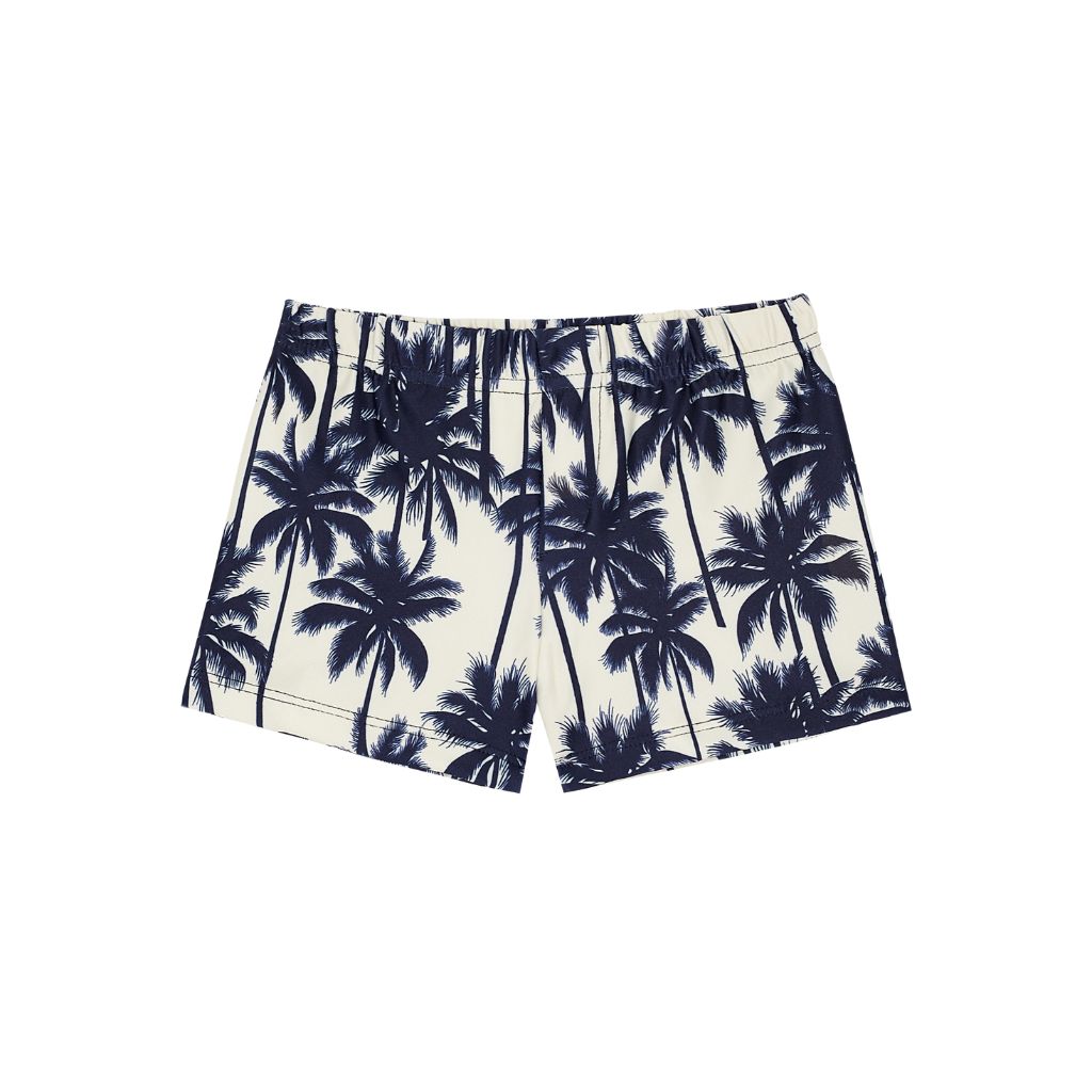 Front of the Suncracy Palms Menorca Lycra Swim Shorts for Baby Boys featuring a Palm Tree print