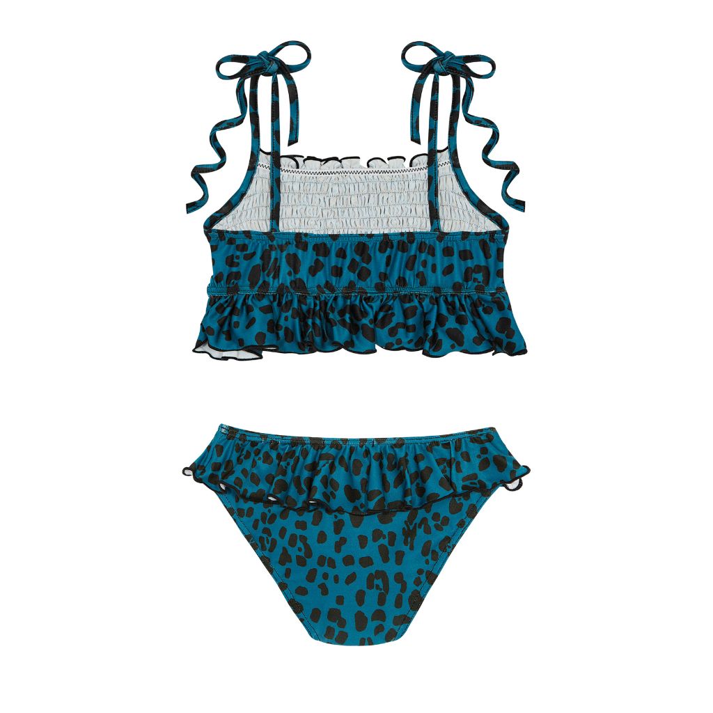 Product shot of the back of the Suncracy Teal Animal Print Sardinia Smocked Two Piece Bikini for Girls