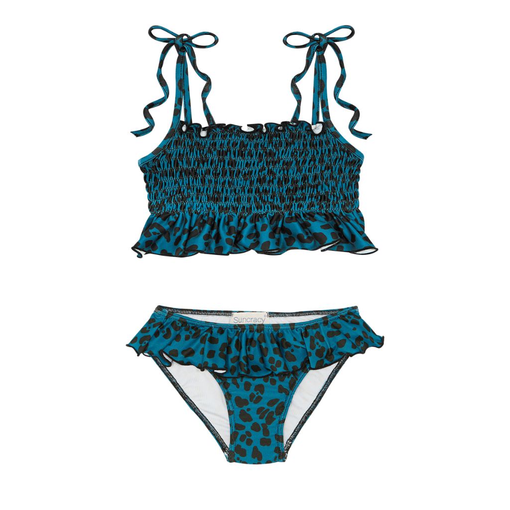 Product shot of the front of the Suncracy Teal Animal Print Sardinia Smocked Two Piece Bikini for Girls