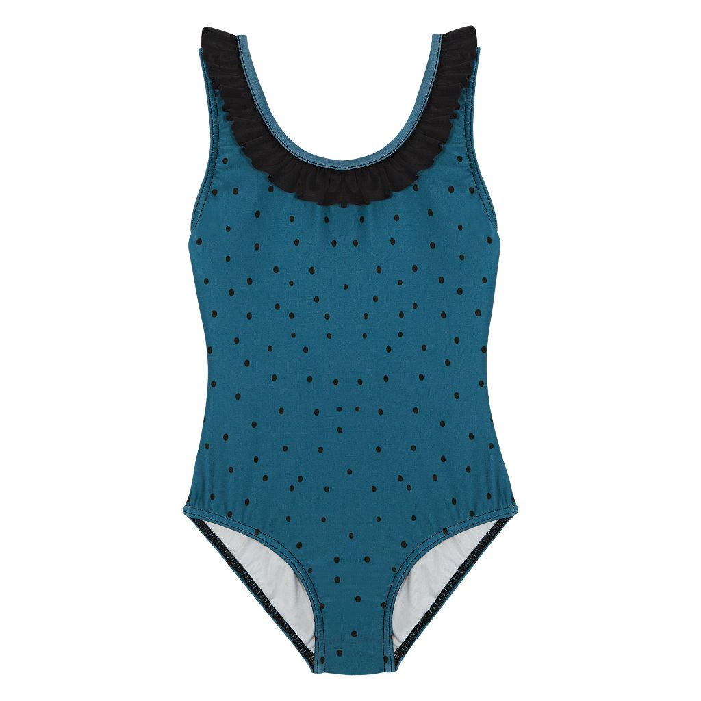 Product shot of the front of the Suncracy Teal Dots Santorini Eight Swimsuit for girls