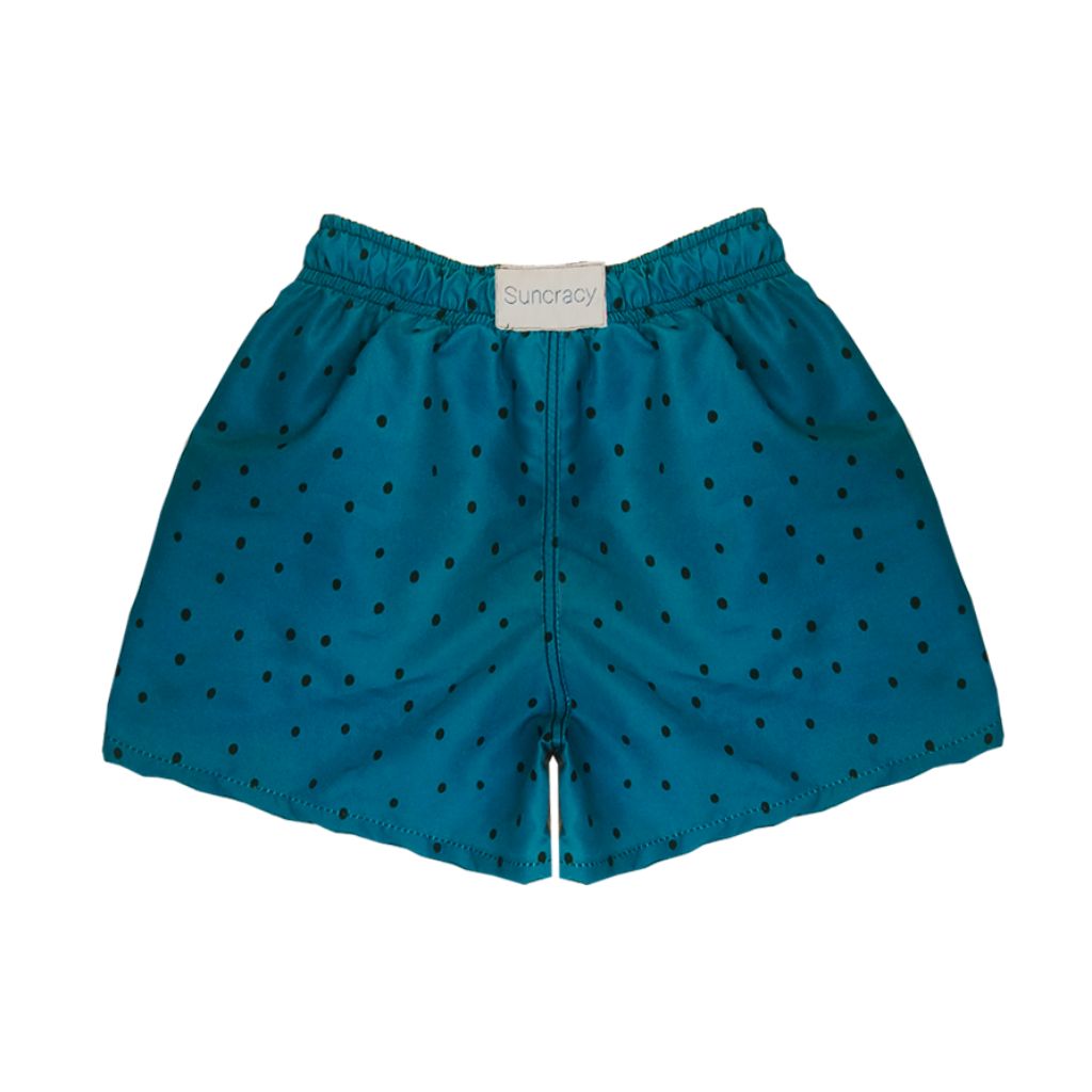 Product shot of the back of Suncracy Teal Dots Santorini Tactel fast dry swim shorts for boys