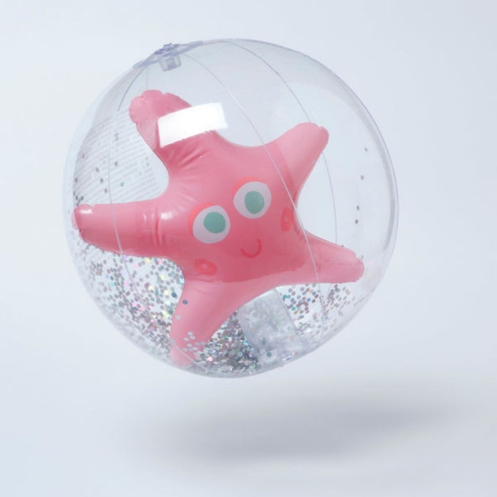 Close up of glitter in Sunnylife 3D inflatable beach ball in Ocean Treasure Rose