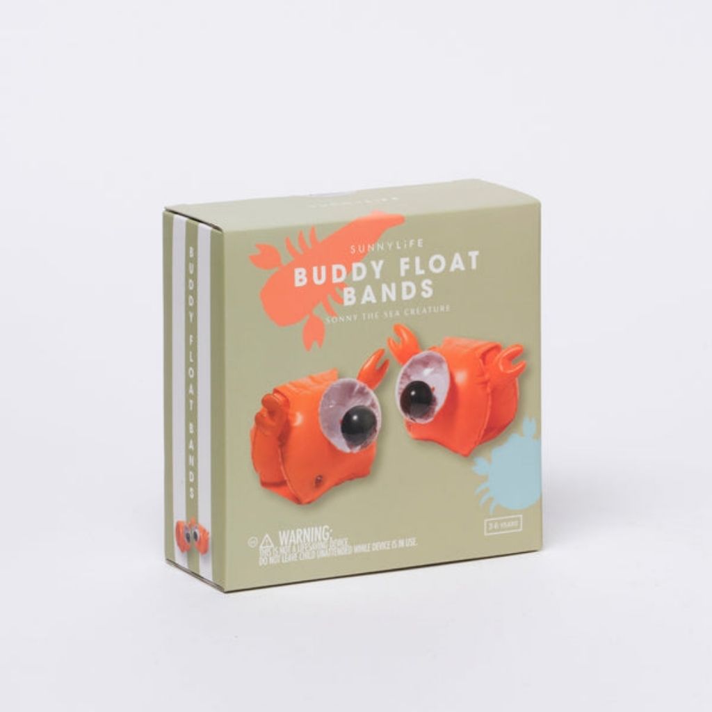 Packaging for Sunnylife kids buddy float bands in sonny the sea creature neon orange