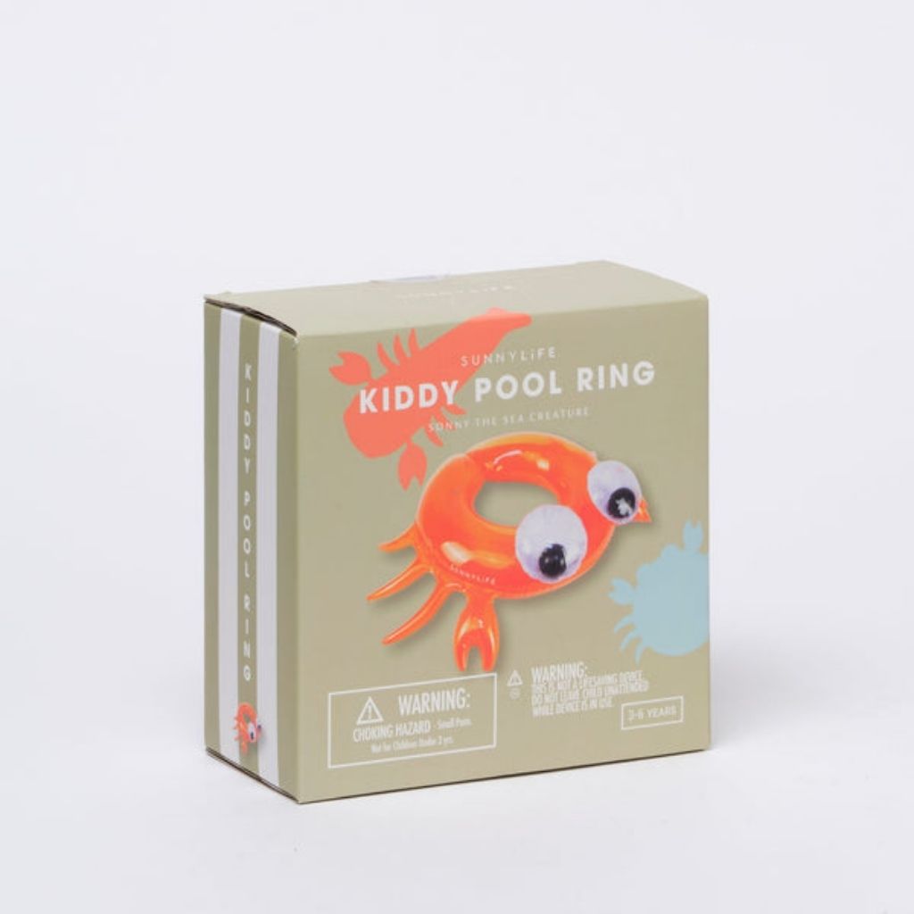 Packaging for the Sunnylife kiddy pool ring in sonny the sea creature neon orange