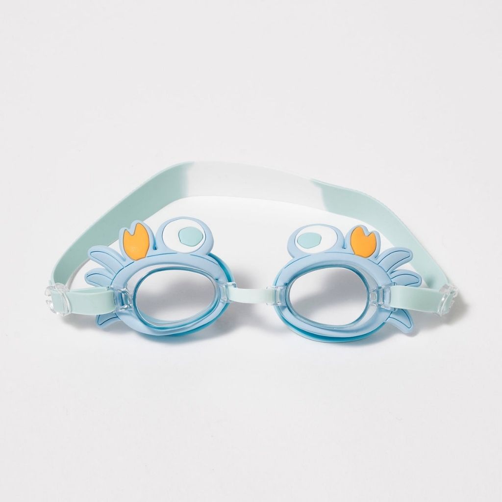 Product shot of Sunnylife Kids mini swim goggles in sonny the sea creature neon orange