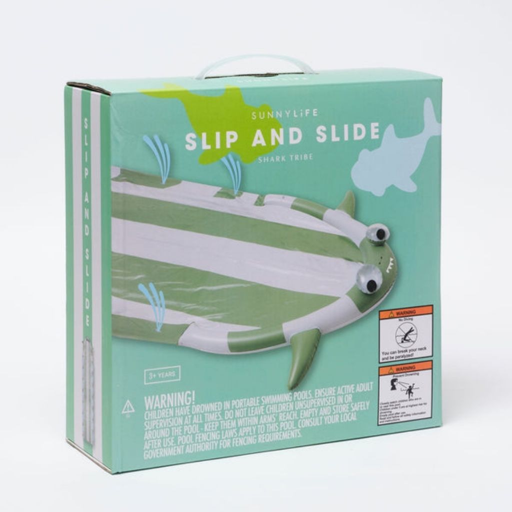 Packaging shot of Sunnylife Slip and Slide outdoor garden game in Shark Tribe Khaki