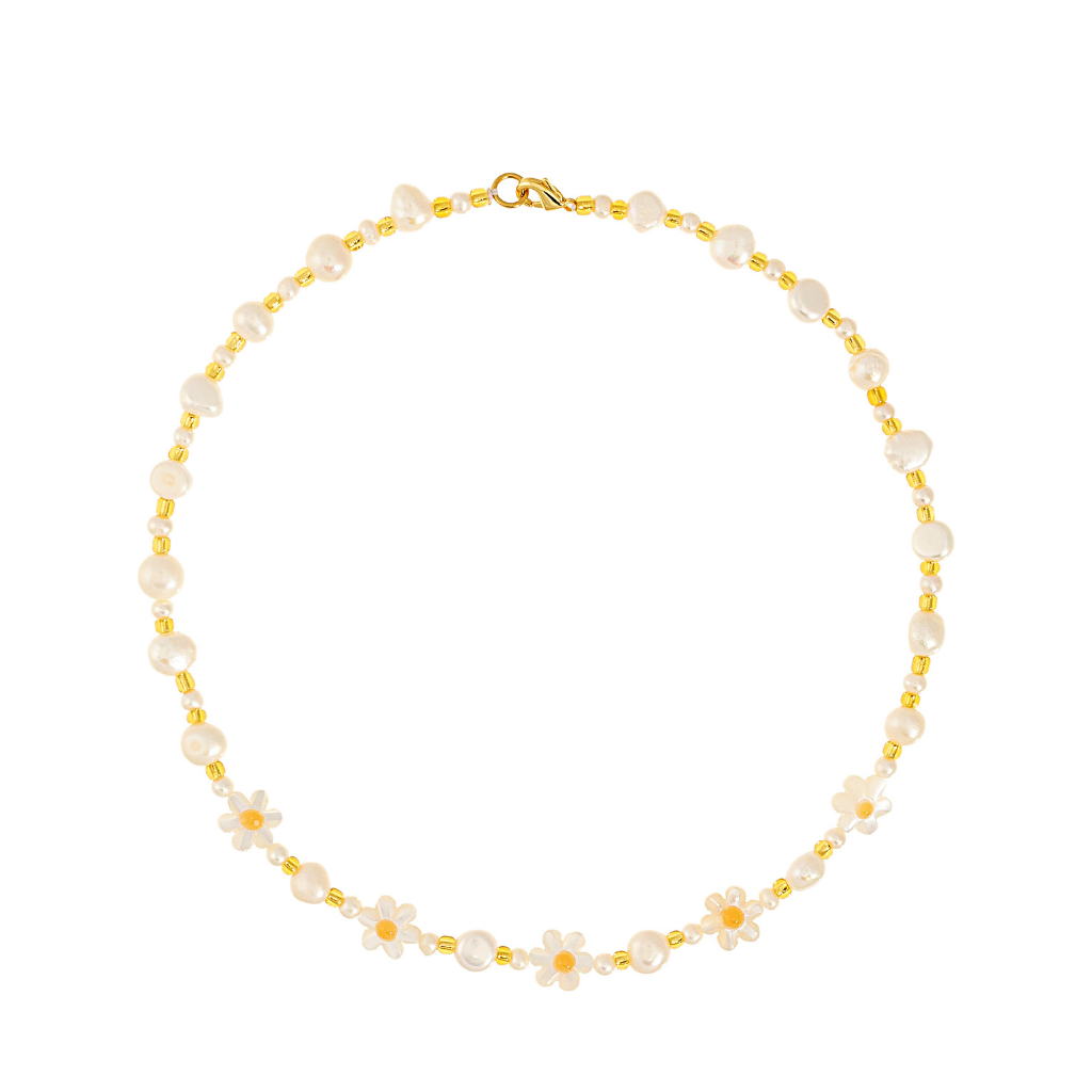 Talis Chains Miss Daisy floral and gold Children's Necklace Choker with freshwater pearls
