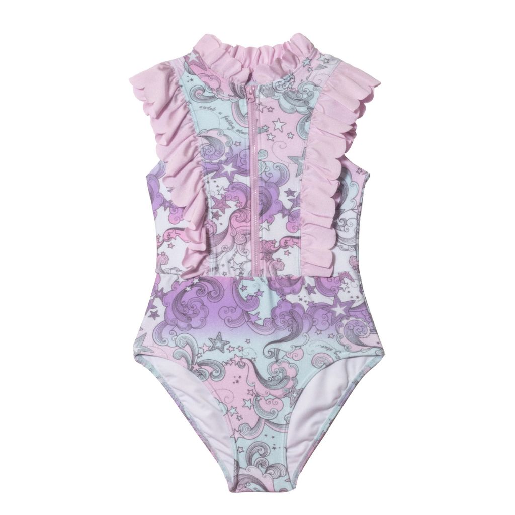 Product shot of Tutu du Monde girl's Aquarius swimsuit in star wave print featuring ruffles and a zip