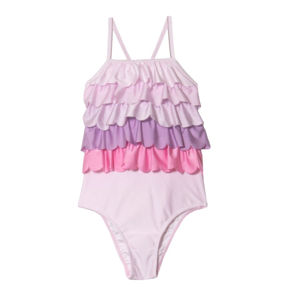 Product shot of Tutu du Monde Girl's Rainbow Rock swimsuit with scalloped ruffles and frills